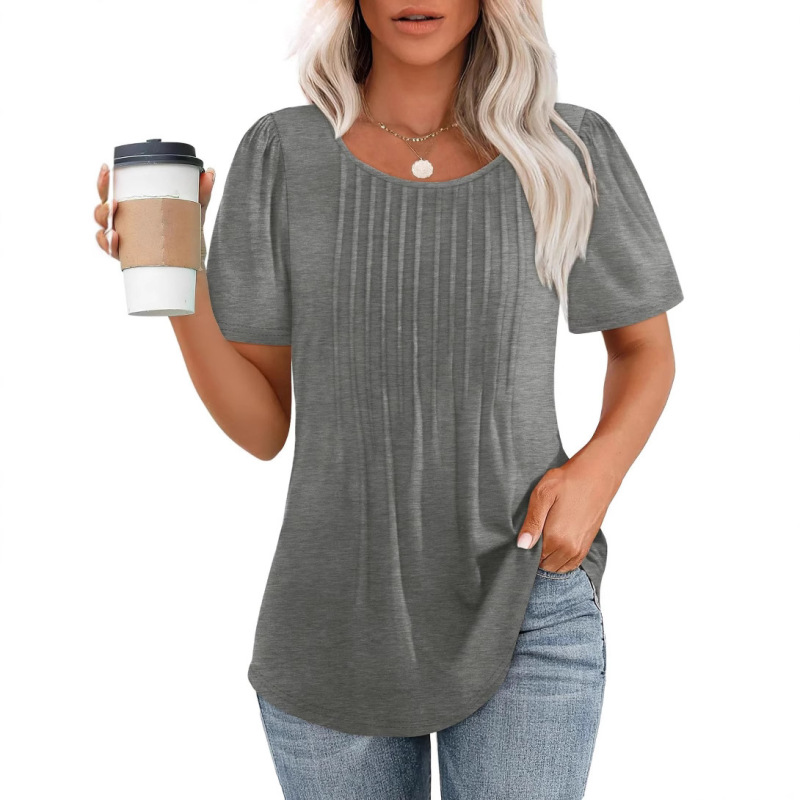2025 アマゾン貿易ルーズヨーロッパとアメリカの新しいスタイルのプリーツラウンドネック半袖 Tシャツレディーストップストリップ無地婦人服|undefined