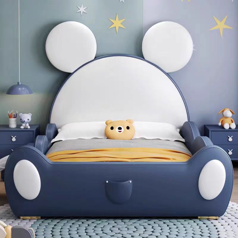 Cartoon Children's Bed Boy Italian Minimalist Mickey Mouse Blue Girl with Guardrail Slide Blue Single Bed Leather