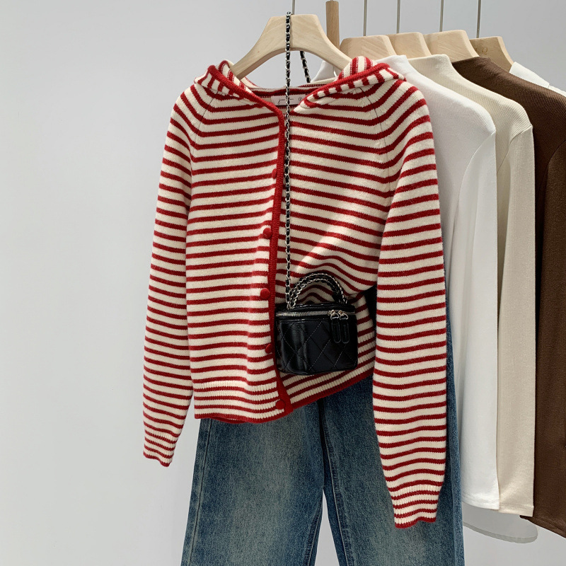 Hot-Selling Spot Striped Hooded Long-Sleeved Knitted Cardigan Jacket for Women Autumn and Winter 2025 New Style Loose and Lazy Elegant