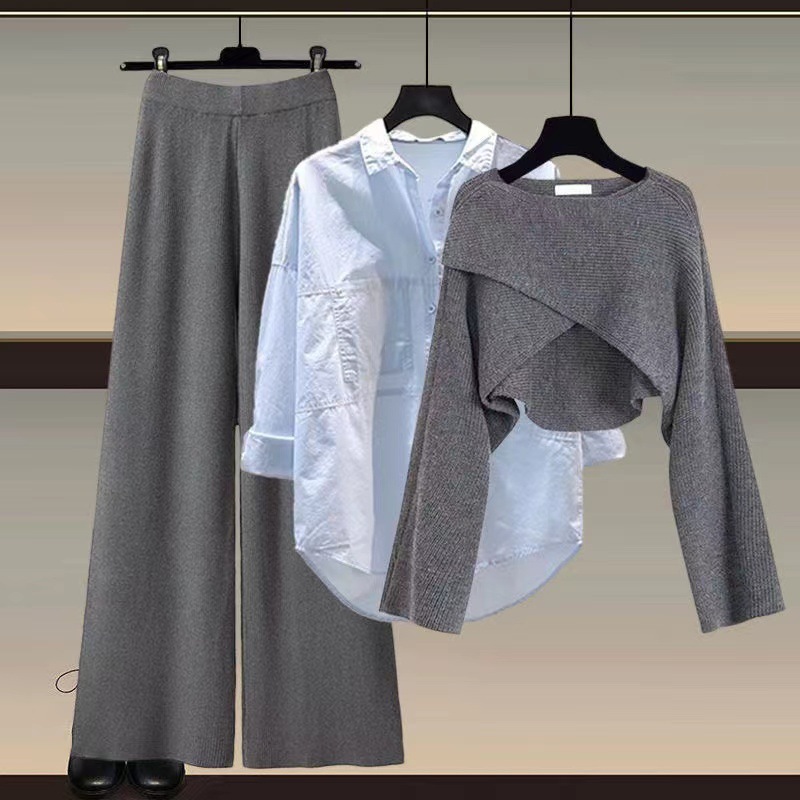 GraceChic Strickpullover, Hemd und weite Hose, dreiteiliges Set, Herbst/Winter-Outfit 2024, Damenmode in großen Größen_voghion.com