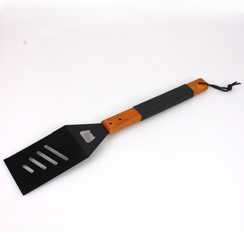 Mango de madera herramientas de barbacoa 2 piezas de acero inoxidable BBQ spray antiadherente negro pintura para hornear juego traje mango de madera con manga de goma para hornear tenedor