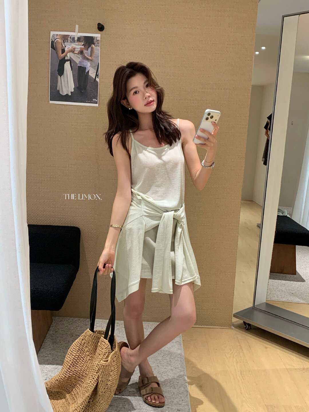 Bộ cardigan len mỏng kèm áo hai dây hai mảnh nữ mùa hè — Xám cacbon, xanh lam, màu hồng, Đậu xanh chi tiết 31
