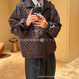 Top跨境高品质V家新款波点棋盘格满印梭织连帽外套夹克男女同款欧