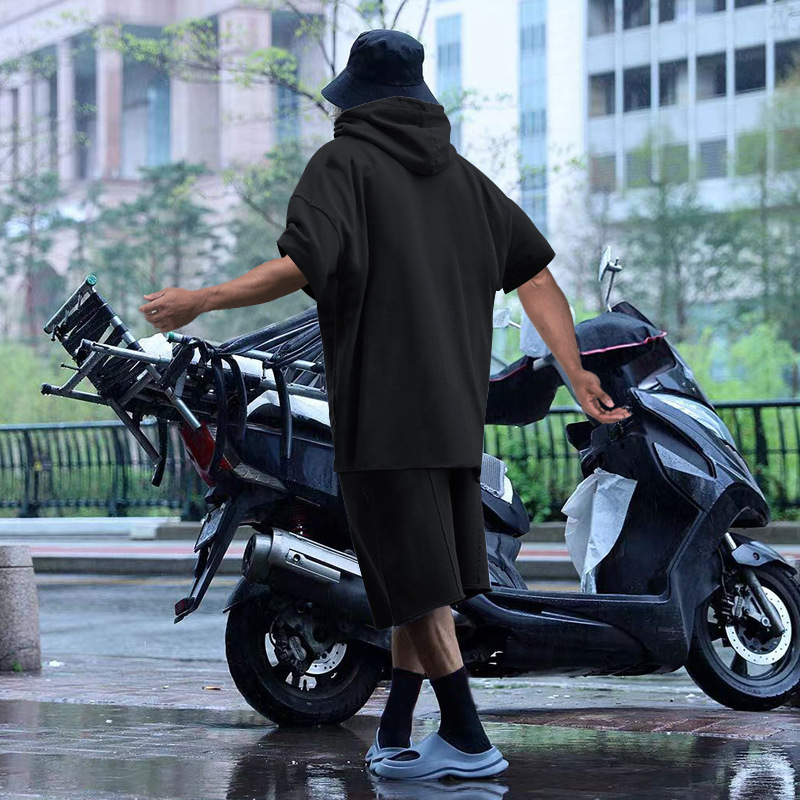 2024 Men's Short Sleeve Shorts Oversize Fur Loose Sports Casual Hooded Set_mkmklike.com