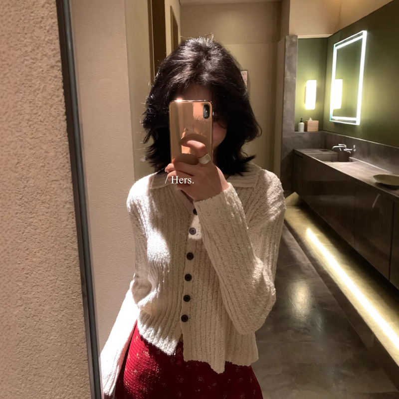 Hers a Spoonful of Sweetness Spring and Autumn Korean-Style Simple Everyday Versatile Polo Collar Textured Knit Cardigan Short Jacket Hers a Spoonful of Sweetness Spring and Autumn Korean-Style Simple Everyday Versatile Polo Collar Textured Knit Cardigan Short Jacket