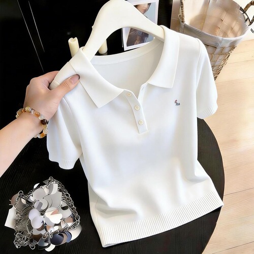 Women's casual knitted top, women's polo shirt, 2026 spring all-matching loose short-sleeved sweater