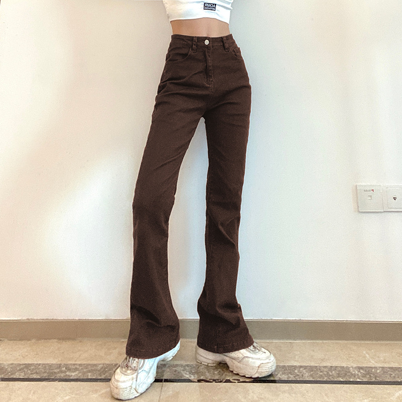 retro solid color high waist tight micro flared jeans  NSGWY117501