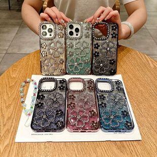 Foreign Trade Cross-Border Diamond Gradient Flowers Suitable for Iphone16Promax Mobile Phone Case Luxury Apple 15 Protective Cover