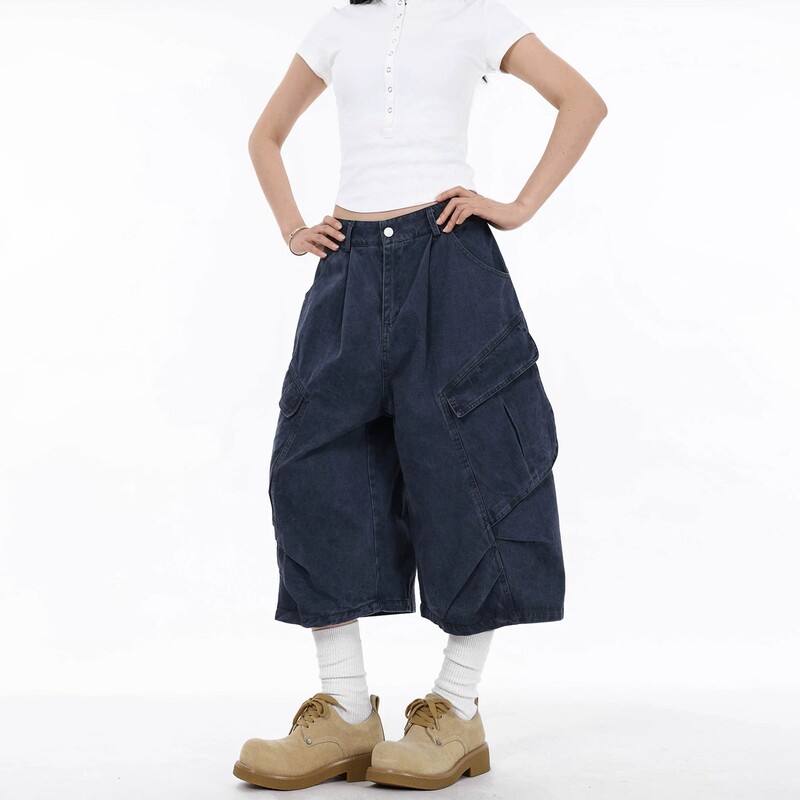 American-Style High Street Large Pocket Design Cropped Pants for Men and Women, New Summer Style, Loose Fit, Versatile Wide-Leg Pleated Work Pants