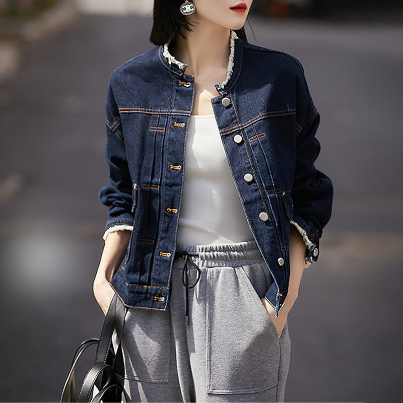Áo khoác denim nữ cổ tròn tay dài màu xanh đậm phong cách vintage tôn dáng — Màu xanh đậm