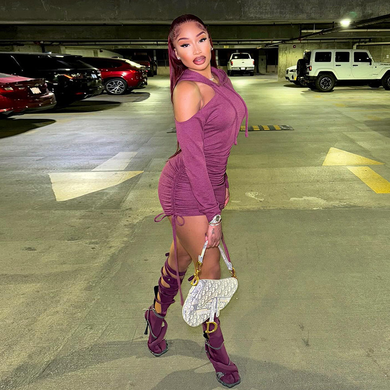 Autumn Solid Color Slim off the Shoulder Drawstring Dress Women 9 Autumn Solid Color Slim off the Shoulder Drawstring Dress Women