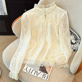 2026春新款 韩系设计感 钉珠系带木耳领 蕾丝衫衬衫 长袖上衣