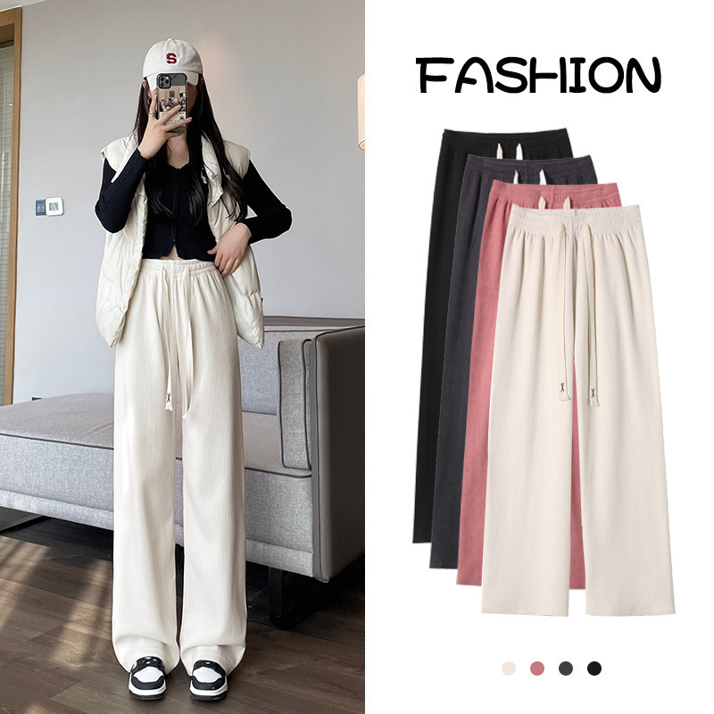 Autumn and Winter fleece-lined thick chenille wide-leg pants women's loose high waist casual sports pants women's straight striped cream pants