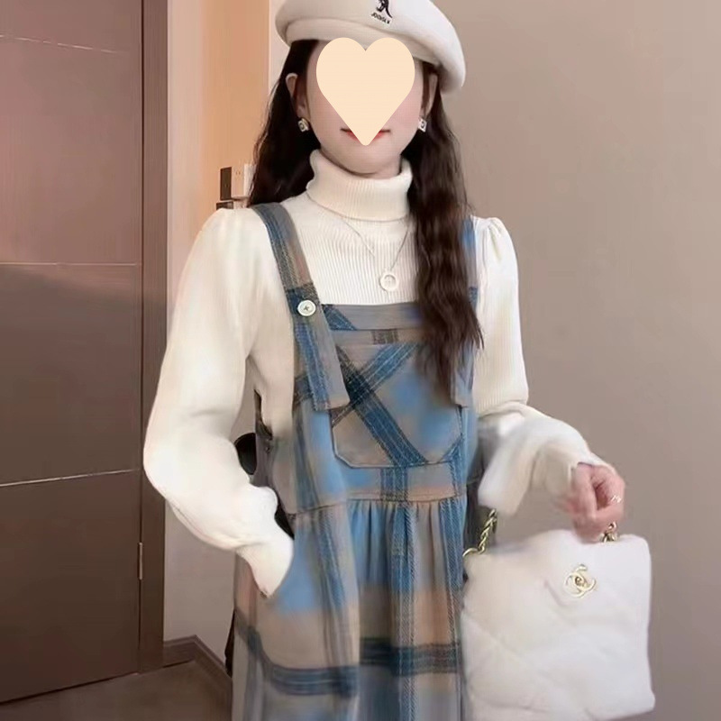(2개) 임산부복 가을 신상품 캐주얼 니트 하프 터틀넥 탑 플러스 플레드 서스펜더 미디 스커트 투피스 세트