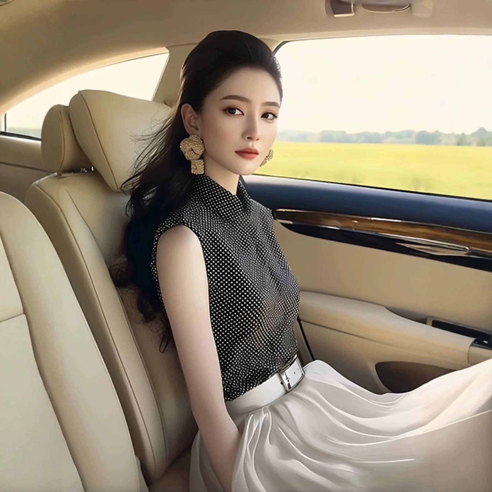 Áo sơ mi không tay nữ kiểu Pháp chấm bi đen ôm nhẹ — màu đen chi tiết 4