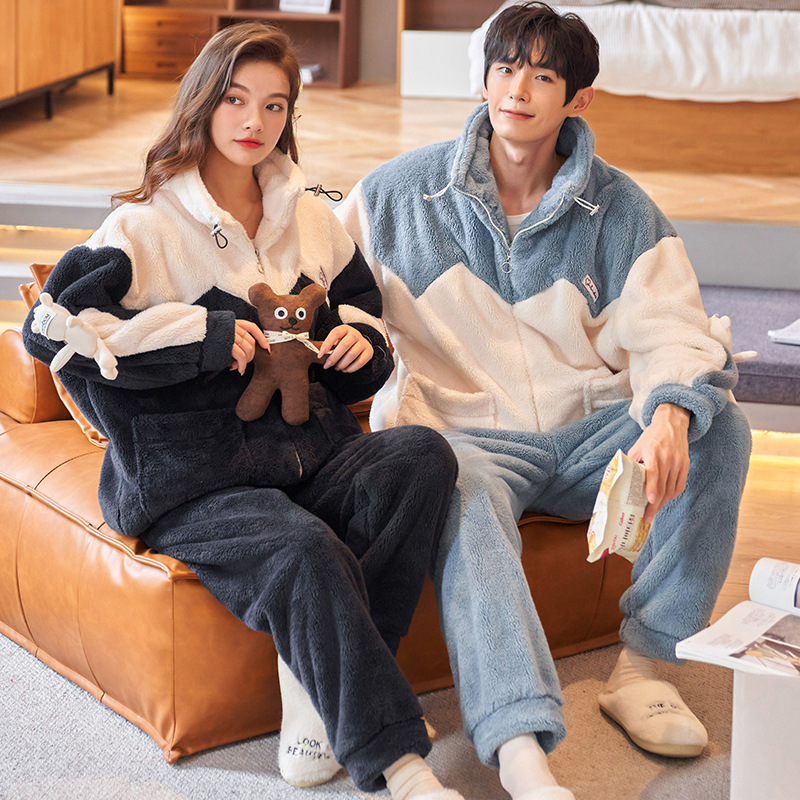 (2개) 커플 파자마 겨울 플러스 벨벳 두꺼운 산호 양털 여성 따뜻한 플란넬 남성 야외 홈 옷 정장 착용 가능