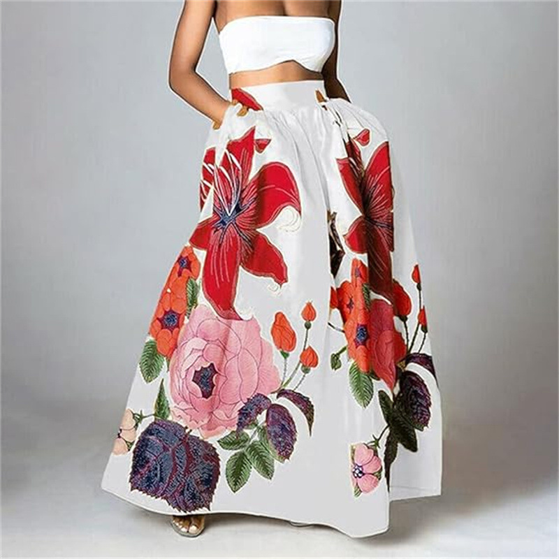 European And American Cross-border Foreign Trade Women's Skirt, Bohemian Floral Loose High-waisted Holiday Flared Pocket_ecoleips.com
