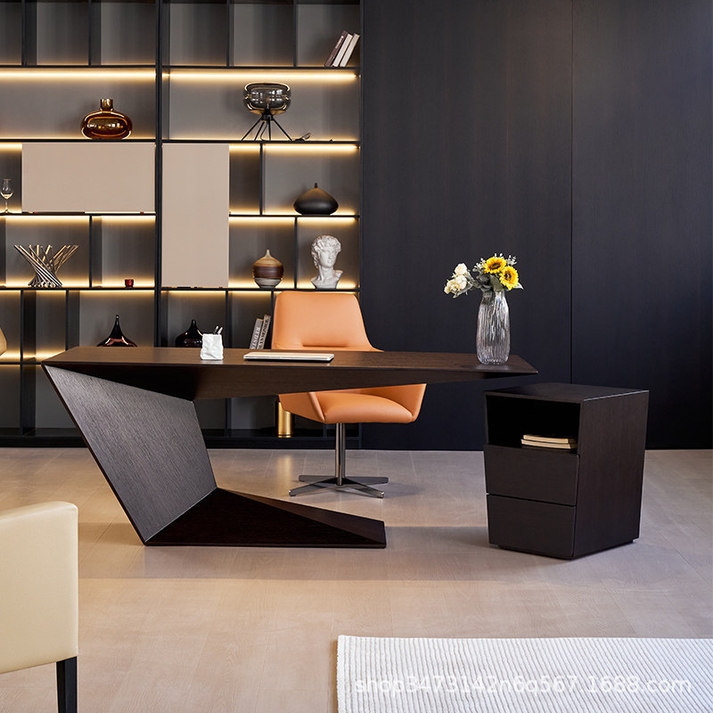 Simple Modern Italian-Style Minimalist Study Desk in Smoked Wood Color, Artistic and Creative Irregular-Shaped Office Desk, Computer Desk Simple Modern Italian-Style Minimalist Study Desk in Smoked Wood Color, Artistic and Creative Irregular-Shaped Office Desk, Computer Desk