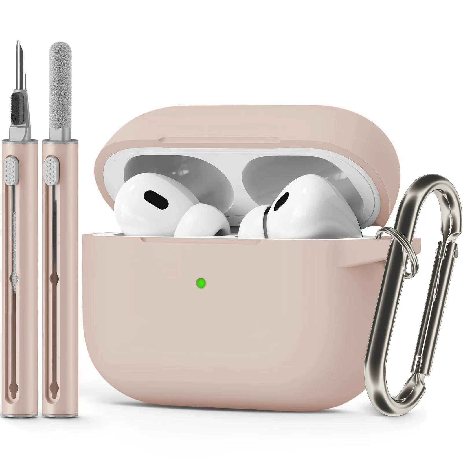 Защитный чехол (совместим с Apple AirPods) с однотонным карабином и чистящей палочкой, лёгкий
