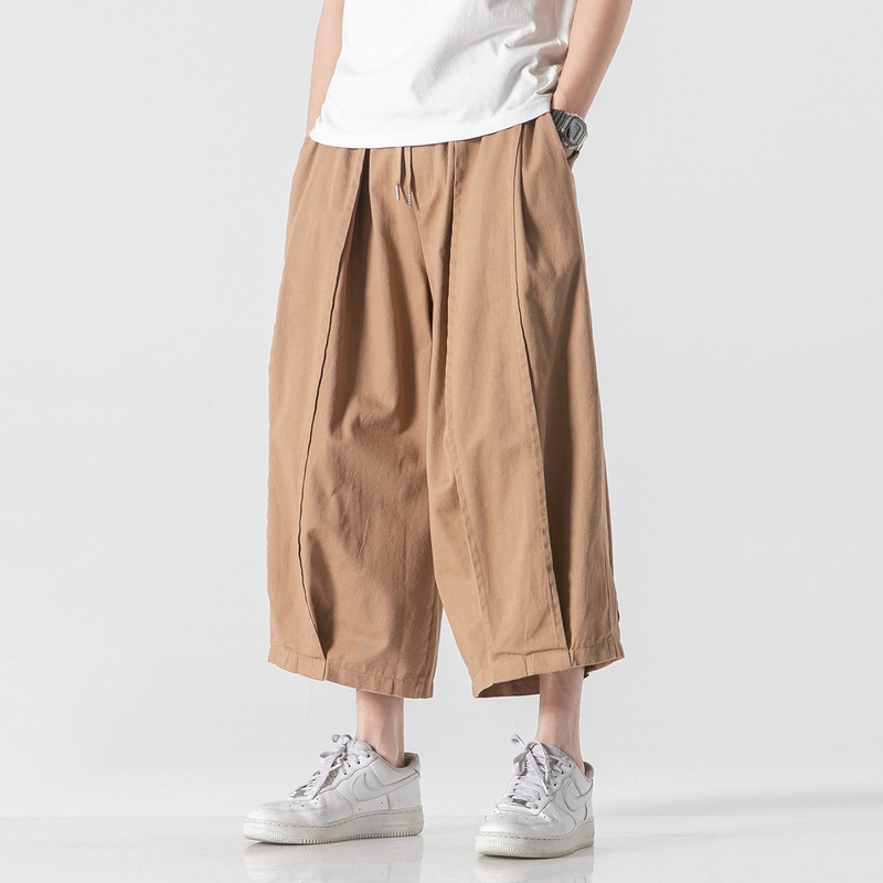 2022 summer new cross-border cotton and linen men's casual cropped pants retro plus size fashion tooling wide-leg pants men