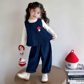 女童秋装牛仔套装2025新款洋气儿童宝宝秋季韩系蝴蝶结春秋三件套