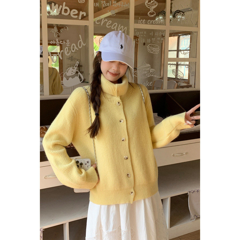 2025韩系高领纯欲毛衣开衫女秋新款复古翻领宽松气质外套针织上衣