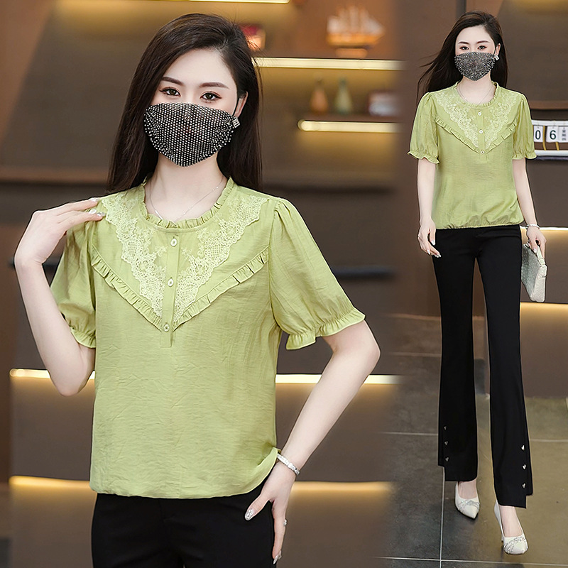 Fashionable solid color shiffon summer lace shirt with a round…