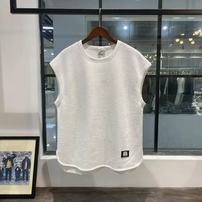 夏のイントレンドアイスシルクノースリーブベスト白底半袖レトロベストメンズルーズTシャツアウターウェア|undefined