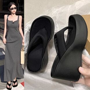 Hong Kong Wedge Flip-Flops for Women's Outer Wear 2025 Spring New Thick-Soled High-Heeled Flip-Flops Platform Heightening Sandals