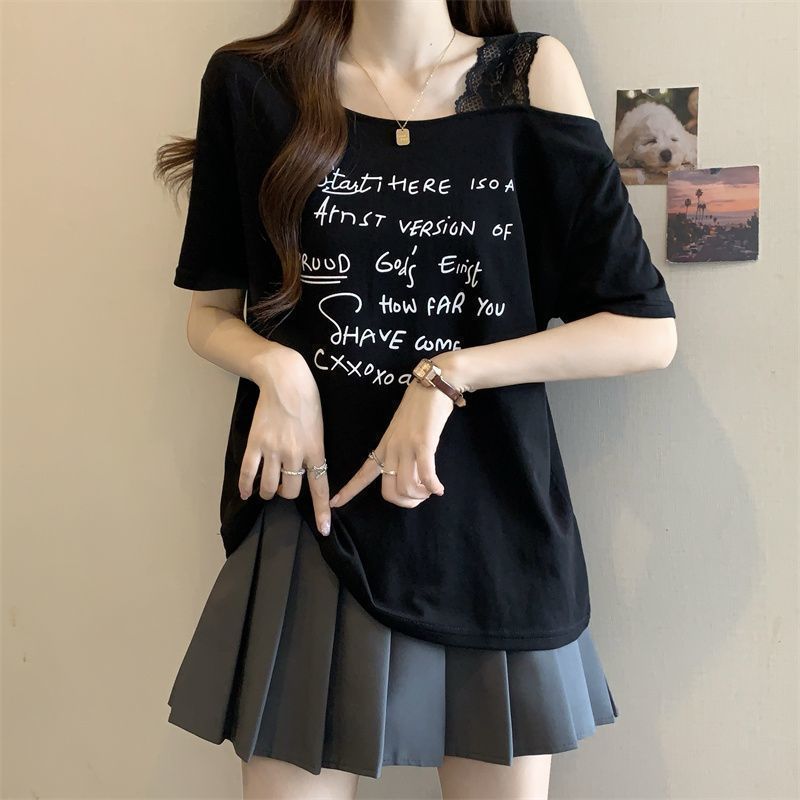 大きいサイズのレタープリントオフショルダー半袖Tシャツ女性用2025年夏新作ファットmmルーズスリミングファッショントップ女性用|undefined