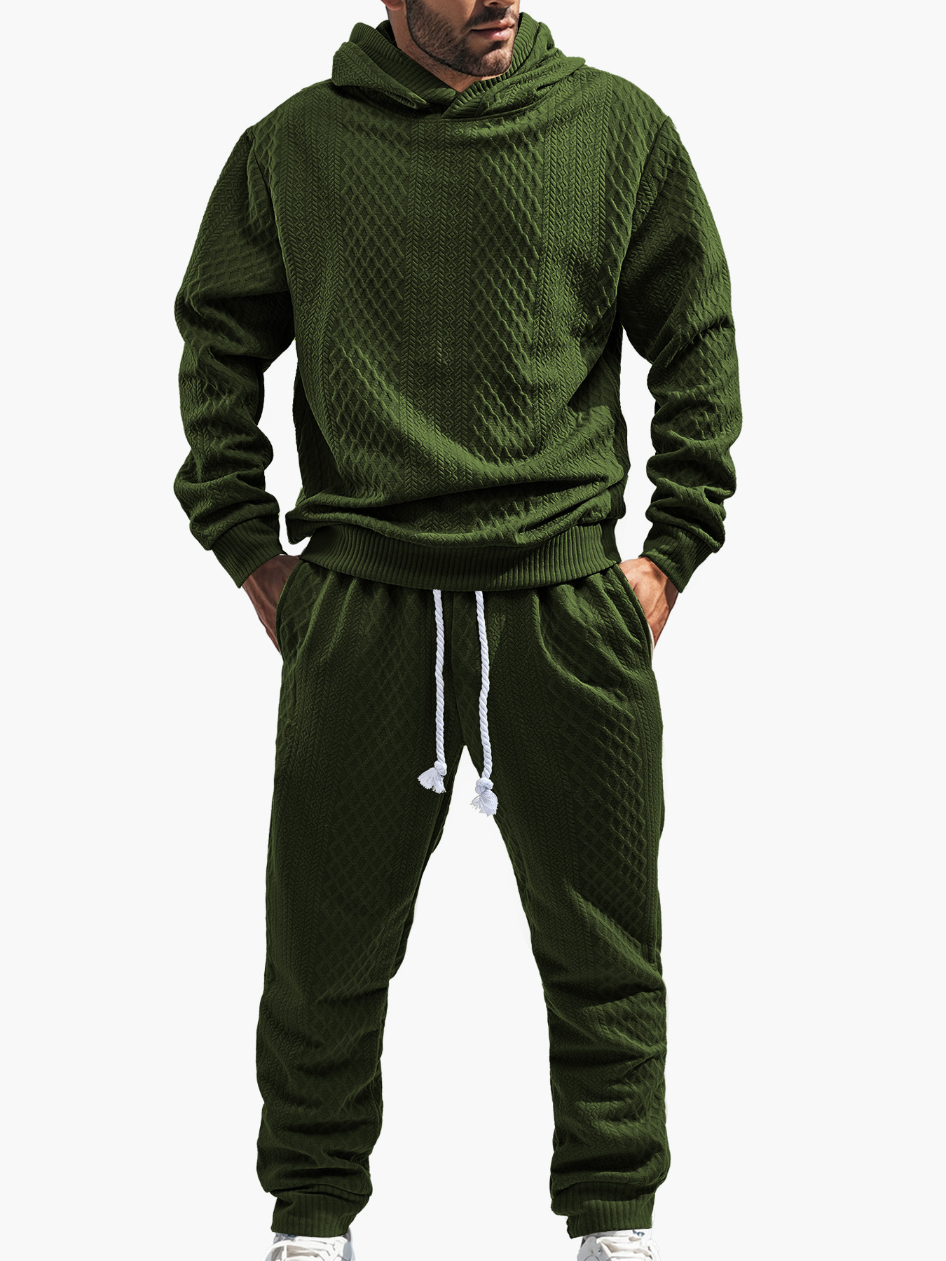 Transfronterizos TK primavera y otoño hombre deportivo relajado pantalones largos de manga larga Jacquard grande conjunto de sudadera con capuz