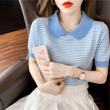外贸2024夏季新款韩版娃娃领短袖针织衫小个子薄款减龄条纹上衣女