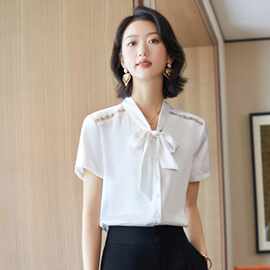 纯色衬衫女短袖春夏季新款时尚洋气设计感小众系带女士衬衣上衣