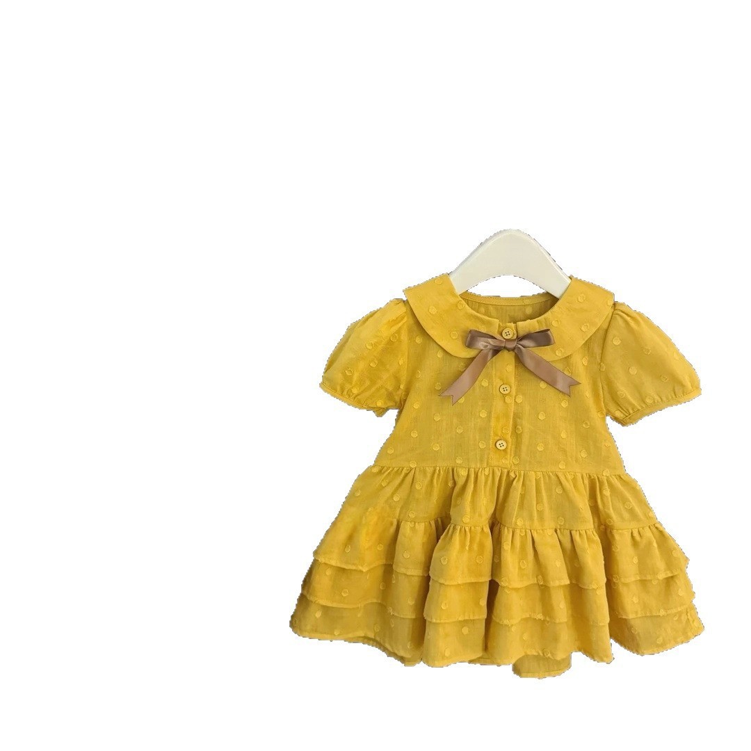 [Xianning Seven] ¡Súper blanco! Vestido de princesa de pastel de jacquard de lunares amarillos de estilo universitario dulce de bebé coreano