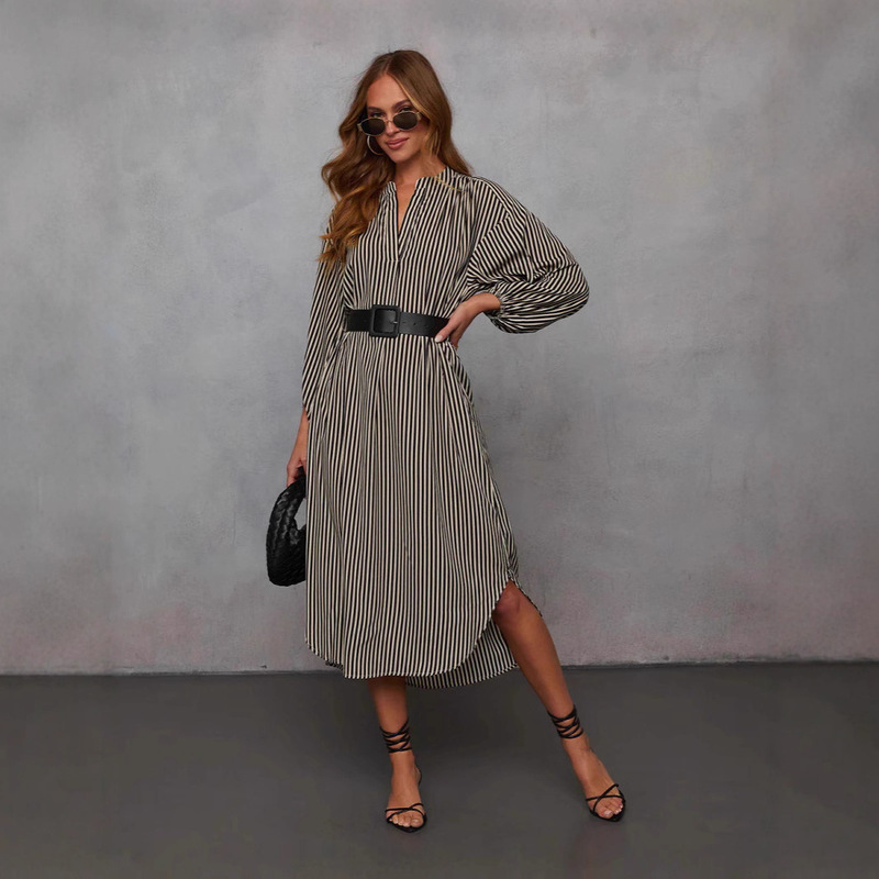 Cross-Border Foreign Trade European and American Spring and Autumn New 2025 Amazon Fashion Striped Belt Long-Sleeve V-Neck Mid-Length Dress