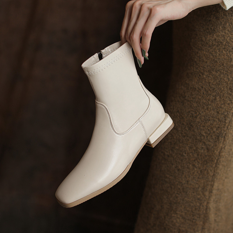 31--43小码鞋米色平底短靴女秋冬新款女靴简约弹力靴外贸跨境女鞋