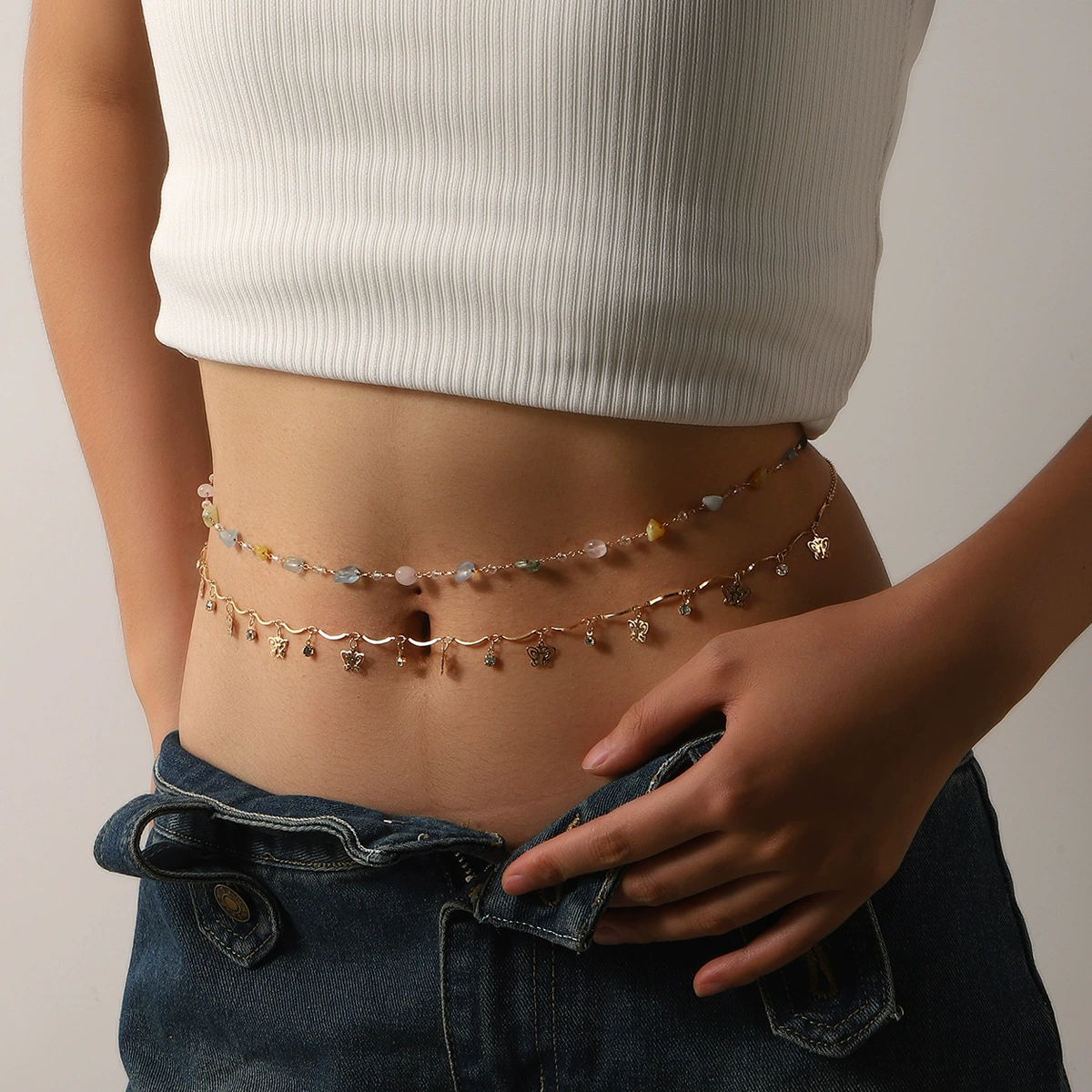 Retro dual -layer stack wearing crystal color beach hot girl waist chain European and American metal chain butterfly soverell body chain