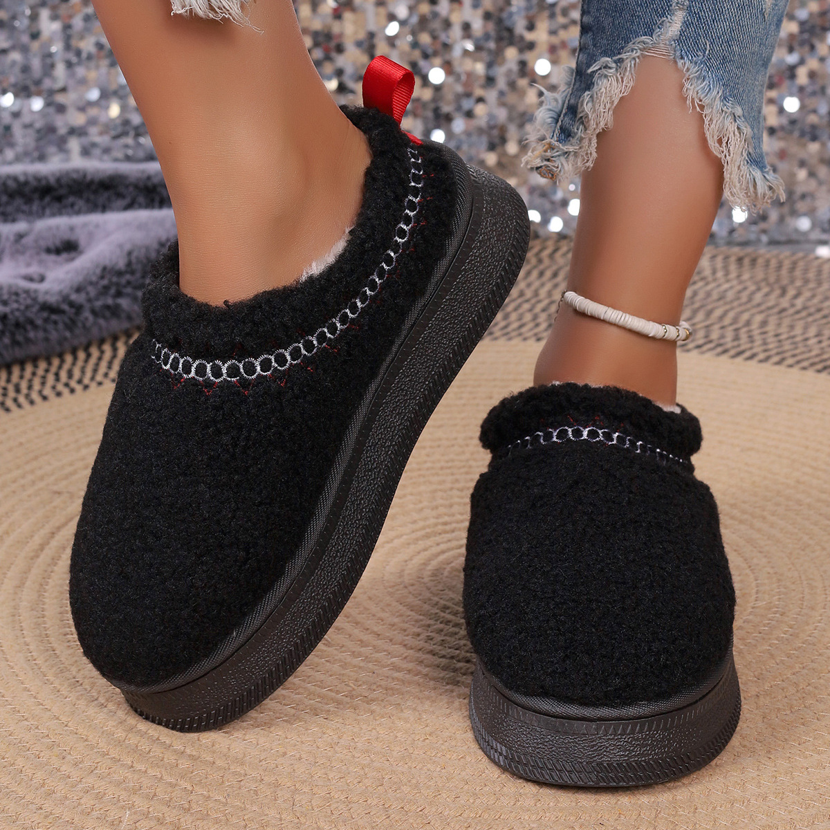 Vastag talpú báránygyapjúból készült, szélálló, téli, baotou félpapucs, női, új, csipkés, gyapjas, hótaposós, pamut papucs_voghion.com