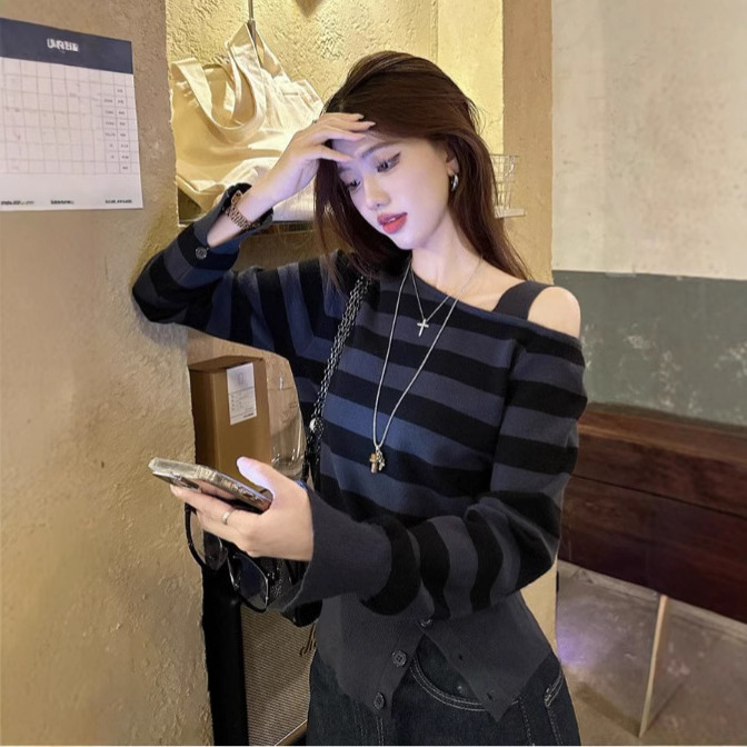 (2개) 한국식 레트로 블루 스트라이프 젠틀웨어 날씬한 어깨 스트라이프 스웨터 여성용 게으른 스타일 슬림 핏 슬림핏 올매치 탑