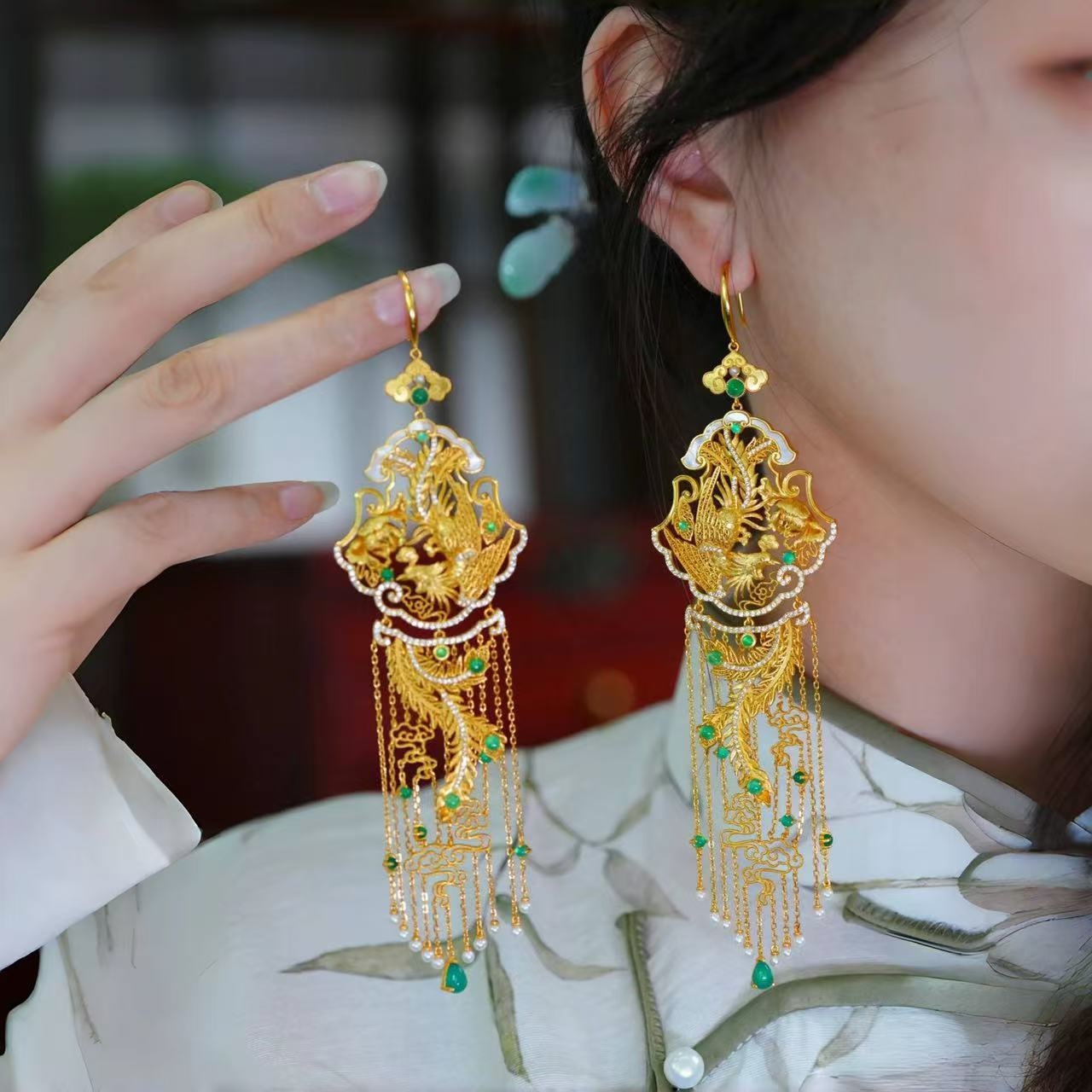 Golden Phoenix, fashionable earrings, high-quality style, Chinese style