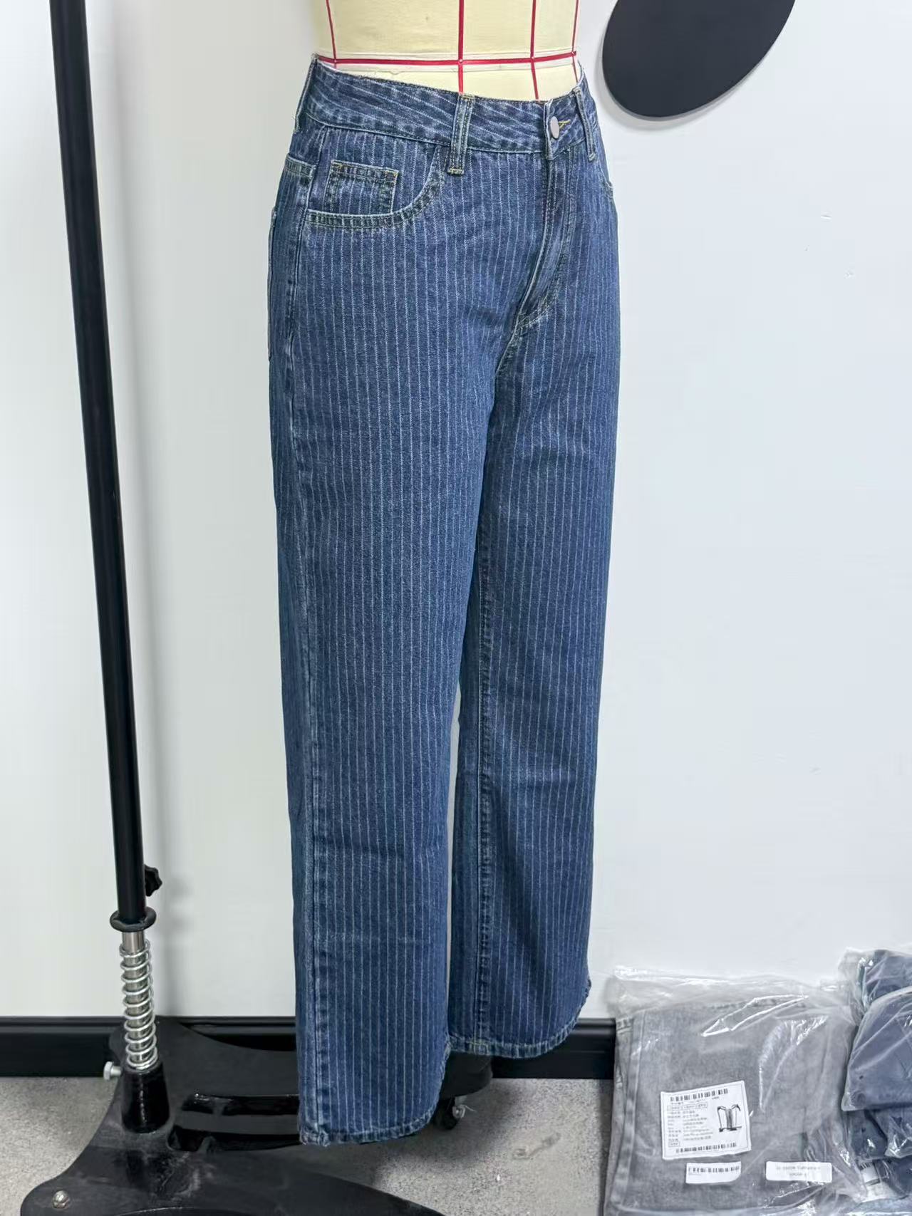 Women's High-Waisted Straight Leg Jeans Size 26 Sweet And Spicy Style Casual Striped Trousers Top Selling_mkmklike.com