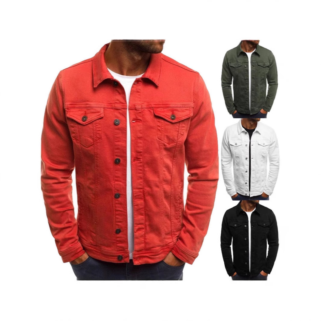 Men's Jacket New Multi-Pocket European and American Hot Push Denim Jacket Casual Solid Color Cardigan Button Crock Jacket