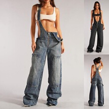 H 17451 Zipper Denim Overalls Women Casual Wide Leg Pants ţ
