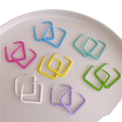 Summer Hong Kong style large square frame earrings 925 silver needle C-shaped colorful hoop earrings acrylic non-pierced ear clip earrings