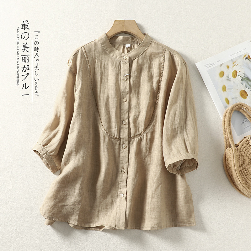 2025年綿麻シャツ、おしゃれな刺繍入り、夏のゆったりとした万能シングルボタン、スタイリッシュな無地トップスの実物写真|undefined