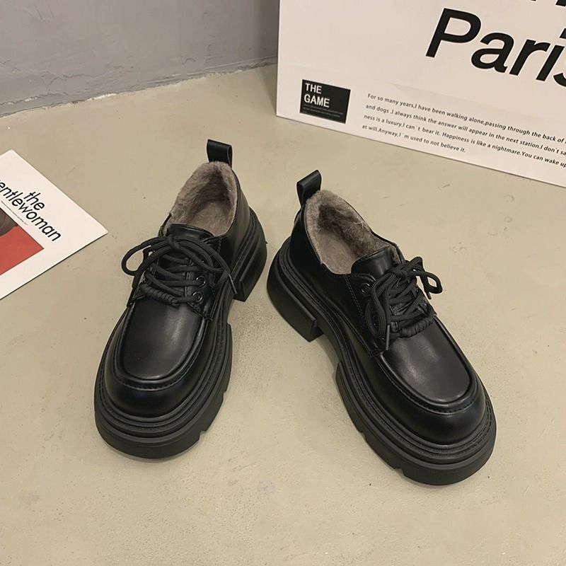 英伦风小皮鞋女加绒保暖法式厚底女鞋子2023新款秋冬季乐福鞋棉鞋