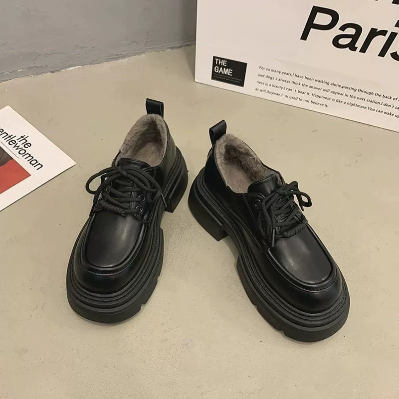 Маленькие кожаные туфли в британском стиле женские бархатные теплые французские женские туфли на толстой подошве 2023 новые осенние и зимние ботинки Lefu хлопковые туфли