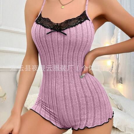Cross-border women's summer fashion butterfly beautiful back pajamas foreign trade home clothing European and American style lace stitching leisure one-piece
