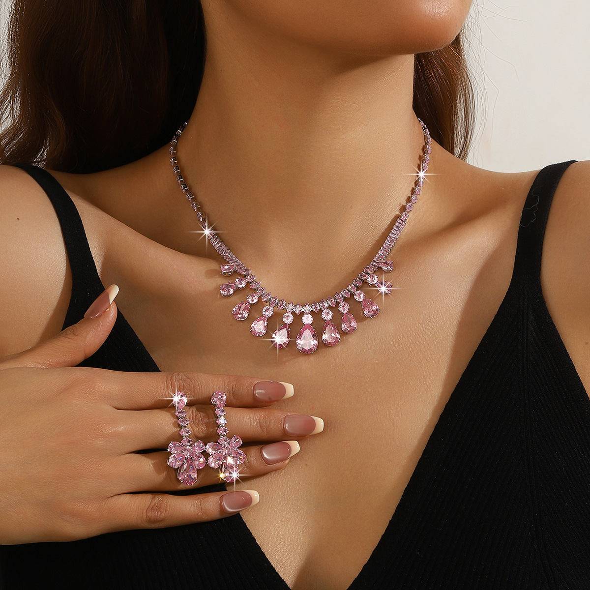 Collar de color de la industria pesada amazona orejas joyas set de moda de lujo vestido de novia cena joyas de zircon mujer image 24