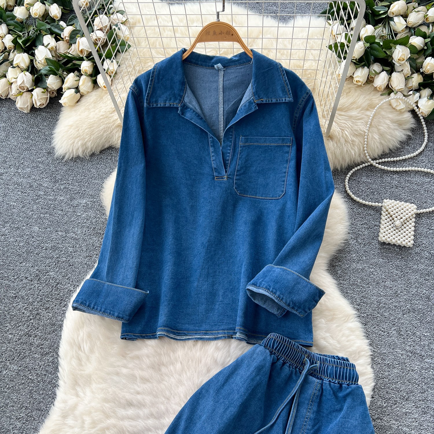 Women's Retro High-Waisted Wide-Leg Denim Pants Set With Long Sleeves Casual Autumn Fashion Top And Bottom Piece_ecoleips.com